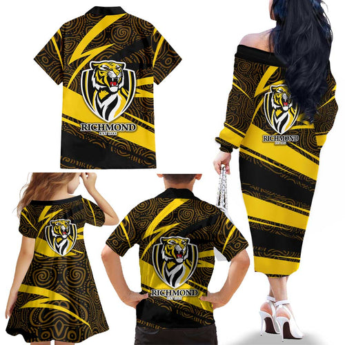 Richmond Tigers Australian Football Family Matching Off The Shoulder Long Sleeve Dress and Hawaiian Shirt Powerful Tiger Mascot With Indigenous Pattern Art