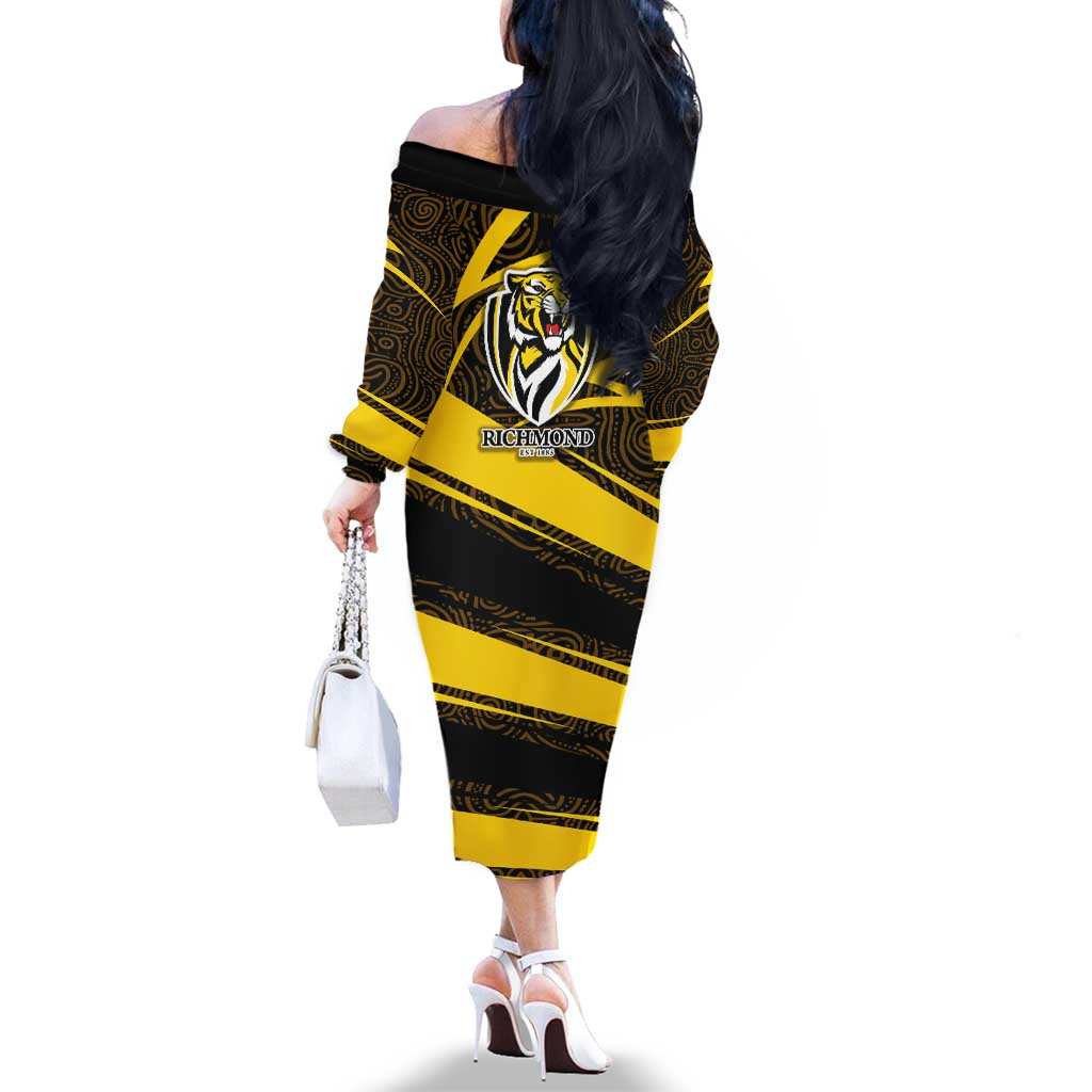 Richmond Tigers Australian Football Family Matching Off The Shoulder Long Sleeve Dress and Hawaiian Shirt Powerful Tiger Mascot With Indigenous Pattern Art