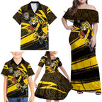 Richmond Tigers Australian Football Family Matching Off Shoulder Maxi Dress and Hawaiian Shirt Powerful Tiger Mascot With Indigenous Pattern Art