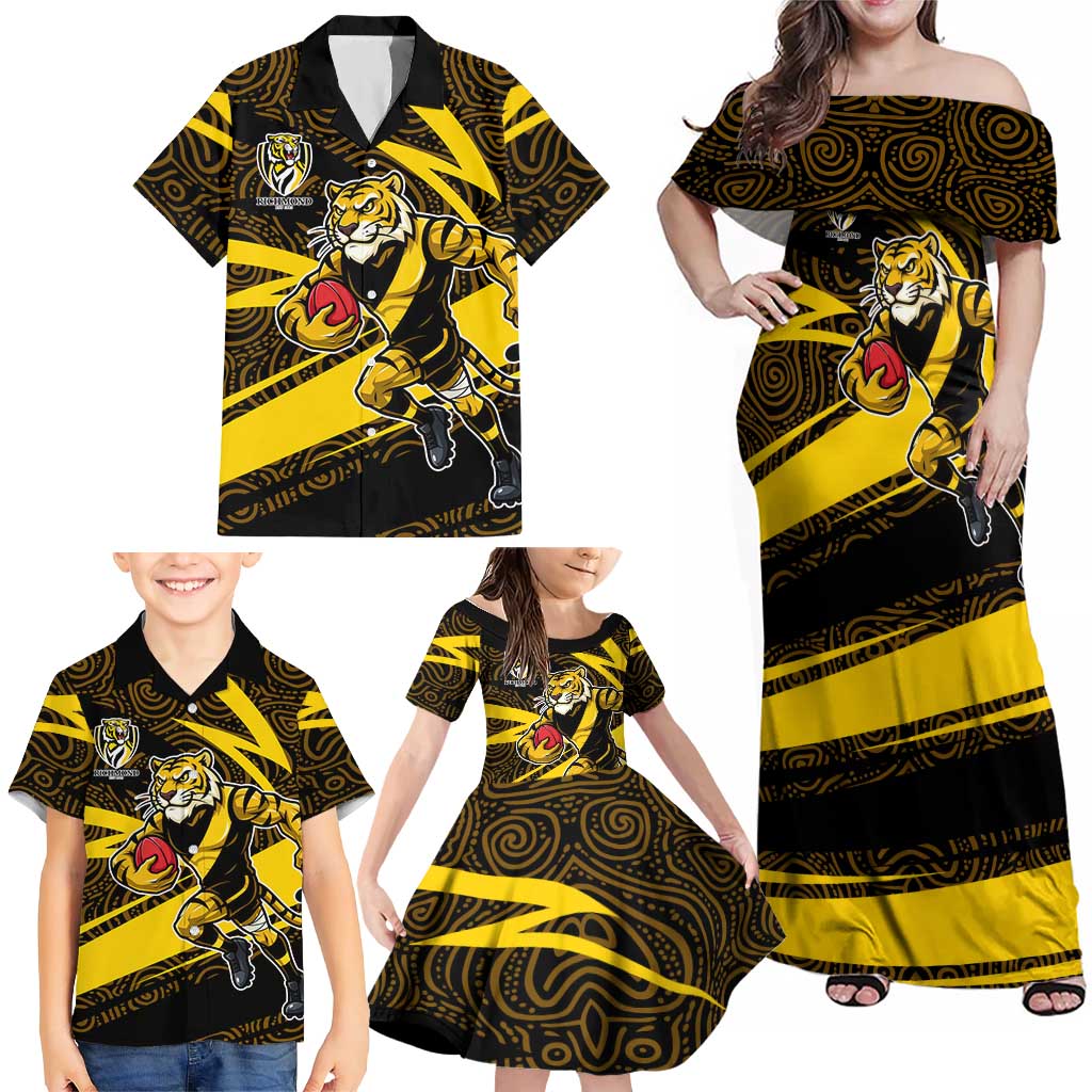 Richmond Tigers Australian Football Family Matching Off Shoulder Maxi Dress and Hawaiian Shirt Powerful Tiger Mascot With Indigenous Pattern Art