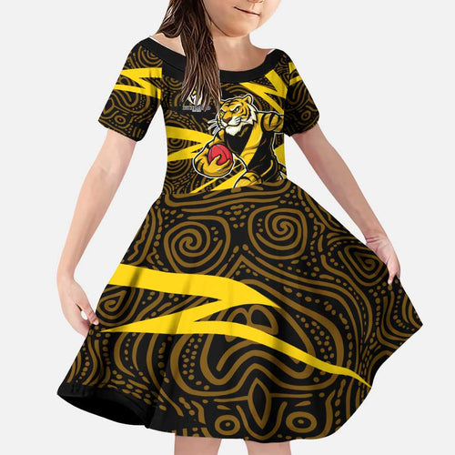 Richmond Tigers Australian Football Family Matching Off Shoulder Maxi Dress and Hawaiian Shirt Powerful Tiger Mascot With Indigenous Pattern Art