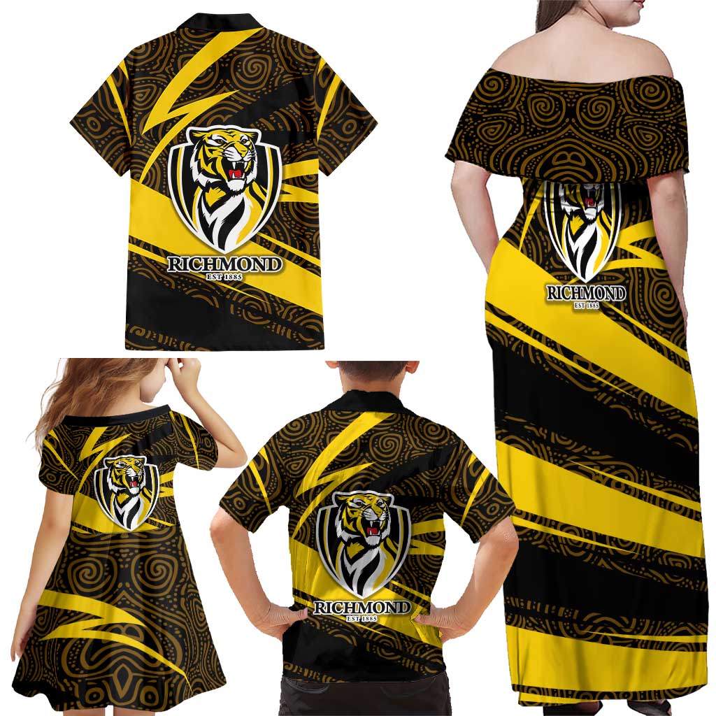 Richmond Tigers Australian Football Family Matching Off Shoulder Maxi Dress and Hawaiian Shirt Powerful Tiger Mascot With Indigenous Pattern Art