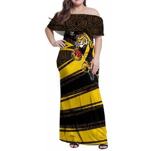 Richmond Tigers Australian Football Family Matching Off Shoulder Maxi Dress and Hawaiian Shirt Powerful Tiger Mascot With Indigenous Pattern Art
