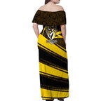 Richmond Tigers Australian Football Family Matching Off Shoulder Maxi Dress and Hawaiian Shirt Powerful Tiger Mascot With Indigenous Pattern Art
