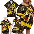 Richmond Tigers Australian Football Family Matching Off Shoulder Short Dress and Hawaiian Shirt Powerful Tiger Mascot With Indigenous Pattern Art