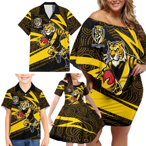 Richmond Tigers Australian Football Family Matching Off Shoulder Short Dress and Hawaiian Shirt Powerful Tiger Mascot With Indigenous Pattern Art