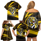 Richmond Tigers Australian Football Family Matching Off Shoulder Short Dress and Hawaiian Shirt Powerful Tiger Mascot With Indigenous Pattern Art