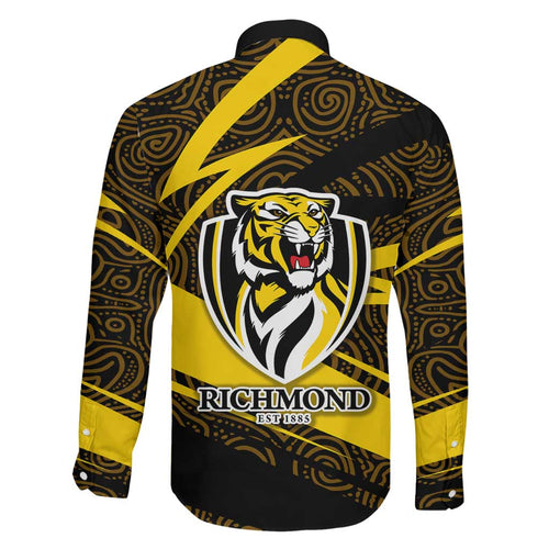 Richmond Tigers Australian Football Family Matching Off Shoulder Short Dress and Hawaiian Shirt Powerful Tiger Mascot With Indigenous Pattern Art