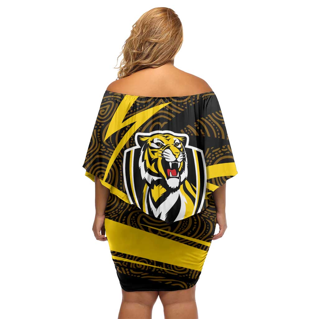 Richmond Tigers Australian Football Family Matching Off Shoulder Short Dress and Hawaiian Shirt Powerful Tiger Mascot With Indigenous Pattern Art