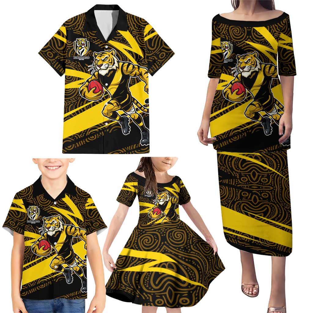 Richmond Tigers Australian Football Family Matching Puletasi and Hawaiian Shirt Powerful Tiger Mascot With Indigenous Pattern Art