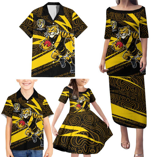 Richmond Tigers Australian Football Family Matching Puletasi and Hawaiian Shirt Powerful Tiger Mascot With Indigenous Pattern Art