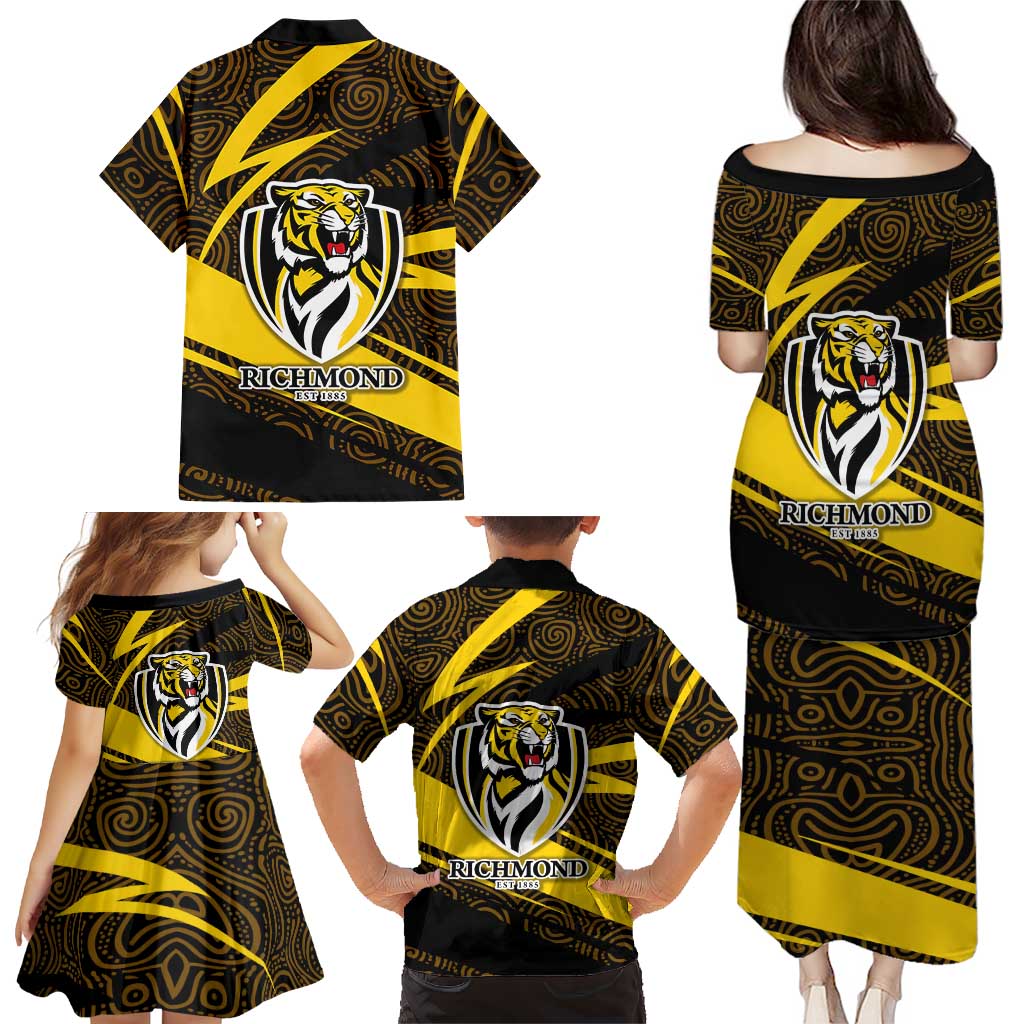 Richmond Tigers Australian Football Family Matching Puletasi and Hawaiian Shirt Powerful Tiger Mascot With Indigenous Pattern Art