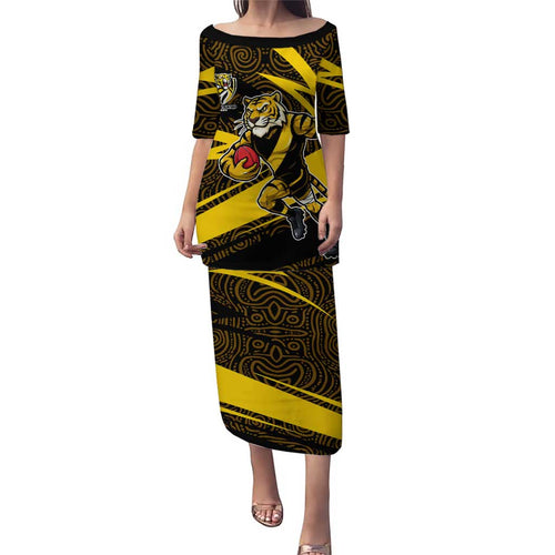 Richmond Tigers Australian Football Family Matching Puletasi and Hawaiian Shirt Powerful Tiger Mascot With Indigenous Pattern Art