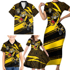 Richmond Tigers Australian Football Family Matching Short Sleeve Bodycon Dress and Hawaiian Shirt Powerful Tiger Mascot With Indigenous Pattern Art