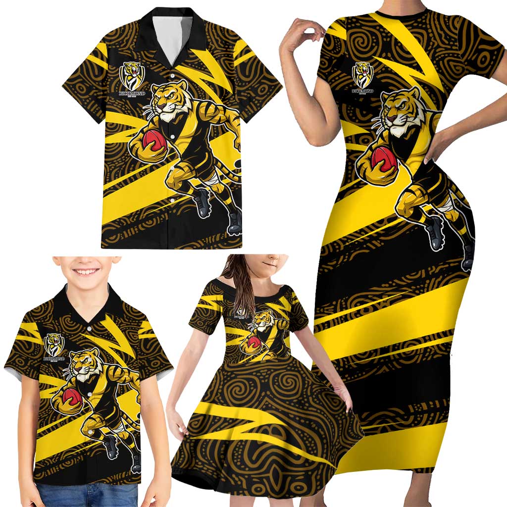 Richmond Tigers Australian Football Family Matching Short Sleeve Bodycon Dress and Hawaiian Shirt Powerful Tiger Mascot With Indigenous Pattern Art
