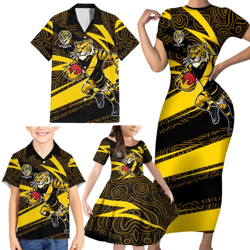 Richmond Tigers Australian Football Family Matching Short Sleeve Bodycon Dress and Hawaiian Shirt Powerful Tiger Mascot With Indigenous Pattern Art