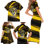 Richmond Tigers Australian Football Family Matching Short Sleeve Bodycon Dress and Hawaiian Shirt Powerful Tiger Mascot With Indigenous Pattern Art