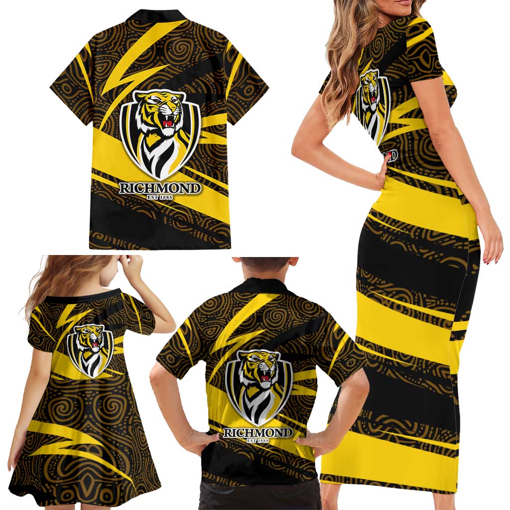Richmond Tigers Australian Football Family Matching Short Sleeve Bodycon Dress and Hawaiian Shirt Powerful Tiger Mascot With Indigenous Pattern Art