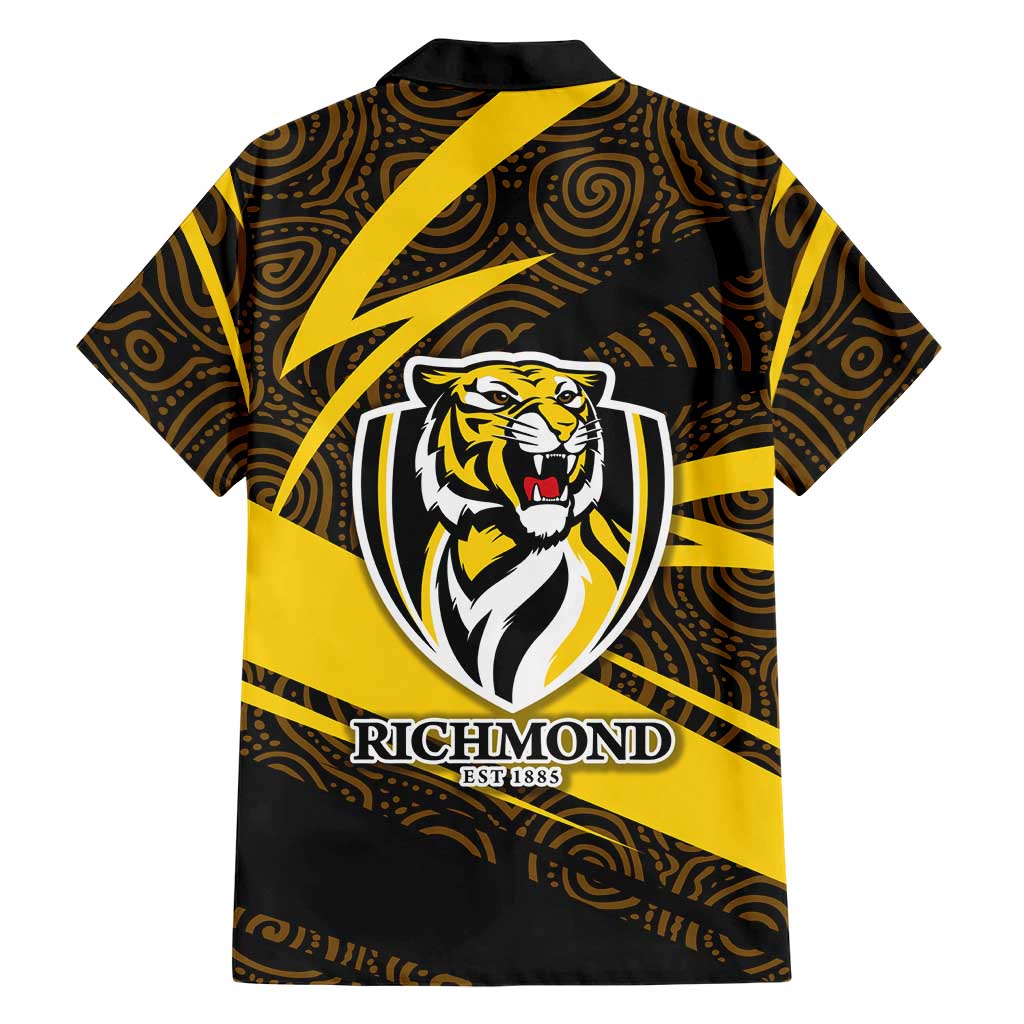 Richmond Tigers Australian Football Family Matching Short Sleeve Bodycon Dress and Hawaiian Shirt Powerful Tiger Mascot With Indigenous Pattern Art