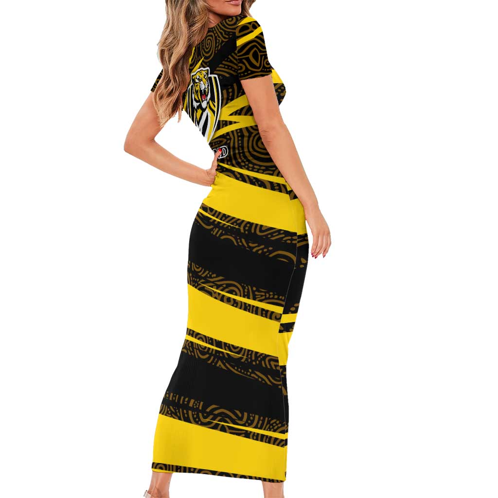 Richmond Tigers Australian Football Family Matching Short Sleeve Bodycon Dress and Hawaiian Shirt Powerful Tiger Mascot With Indigenous Pattern Art