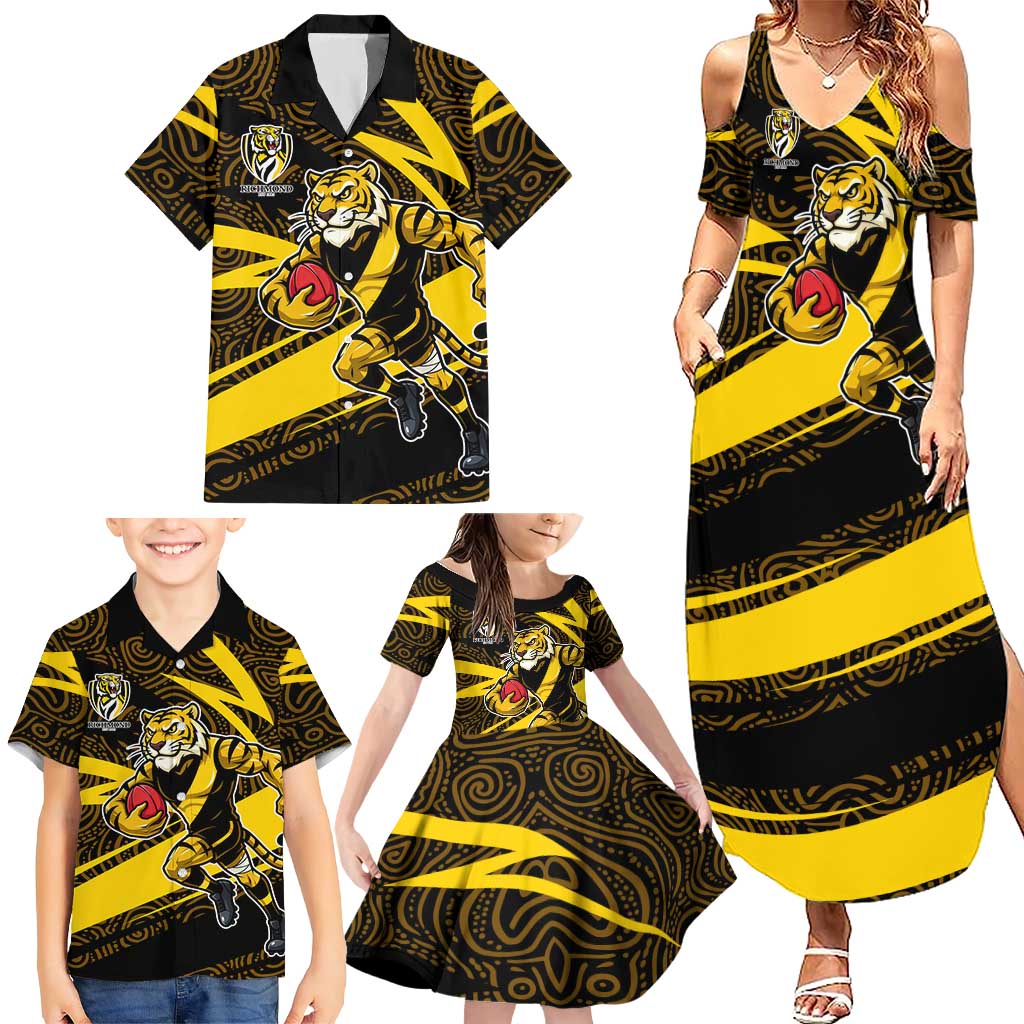 Richmond Tigers Australian Football Family Matching Summer Maxi Dress and Hawaiian Shirt Powerful Tiger Mascot With Indigenous Pattern Art