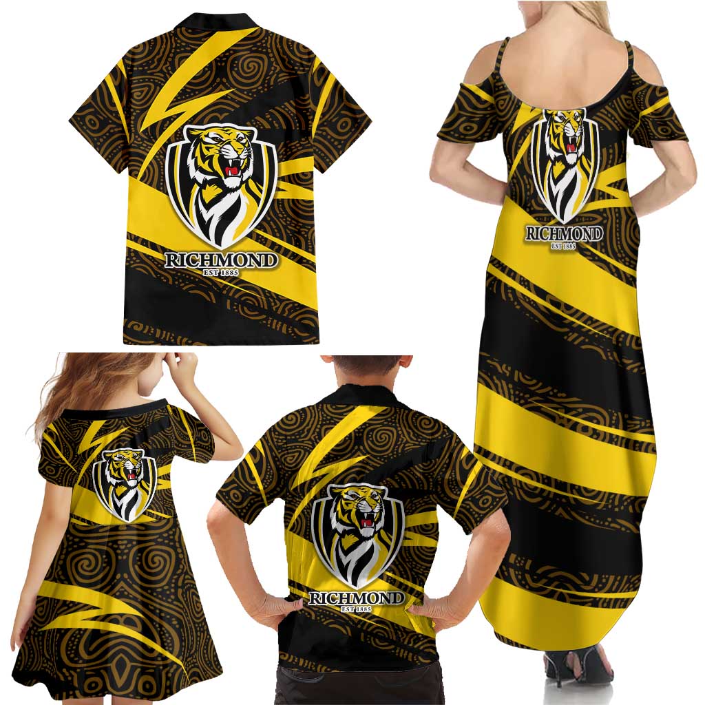 Richmond Tigers Australian Football Family Matching Summer Maxi Dress and Hawaiian Shirt Powerful Tiger Mascot With Indigenous Pattern Art