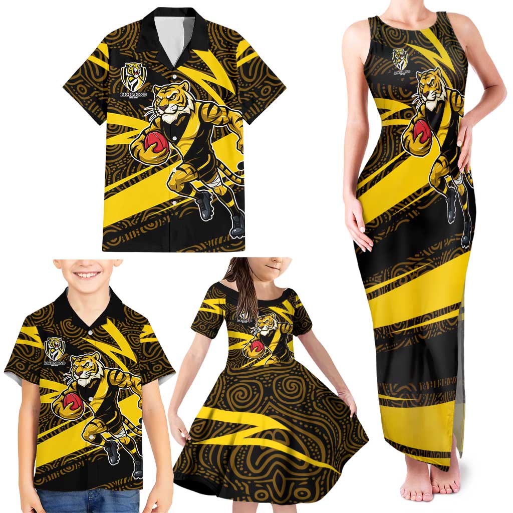 Richmond Tigers Australian Football Family Matching Tank Maxi Dress and Hawaiian Shirt Powerful Tiger Mascot With Indigenous Pattern Art