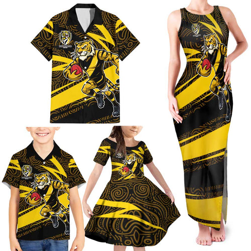 Richmond Tigers Australian Football Family Matching Tank Maxi Dress and Hawaiian Shirt Powerful Tiger Mascot With Indigenous Pattern Art