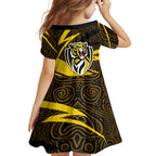 Richmond Tigers Australian Football Family Matching Tank Maxi Dress and Hawaiian Shirt Powerful Tiger Mascot With Indigenous Pattern Art
