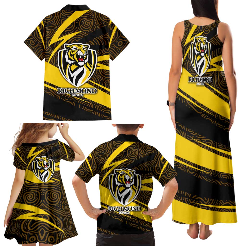 Richmond Tigers Australian Football Family Matching Tank Maxi Dress and Hawaiian Shirt Powerful Tiger Mascot With Indigenous Pattern Art