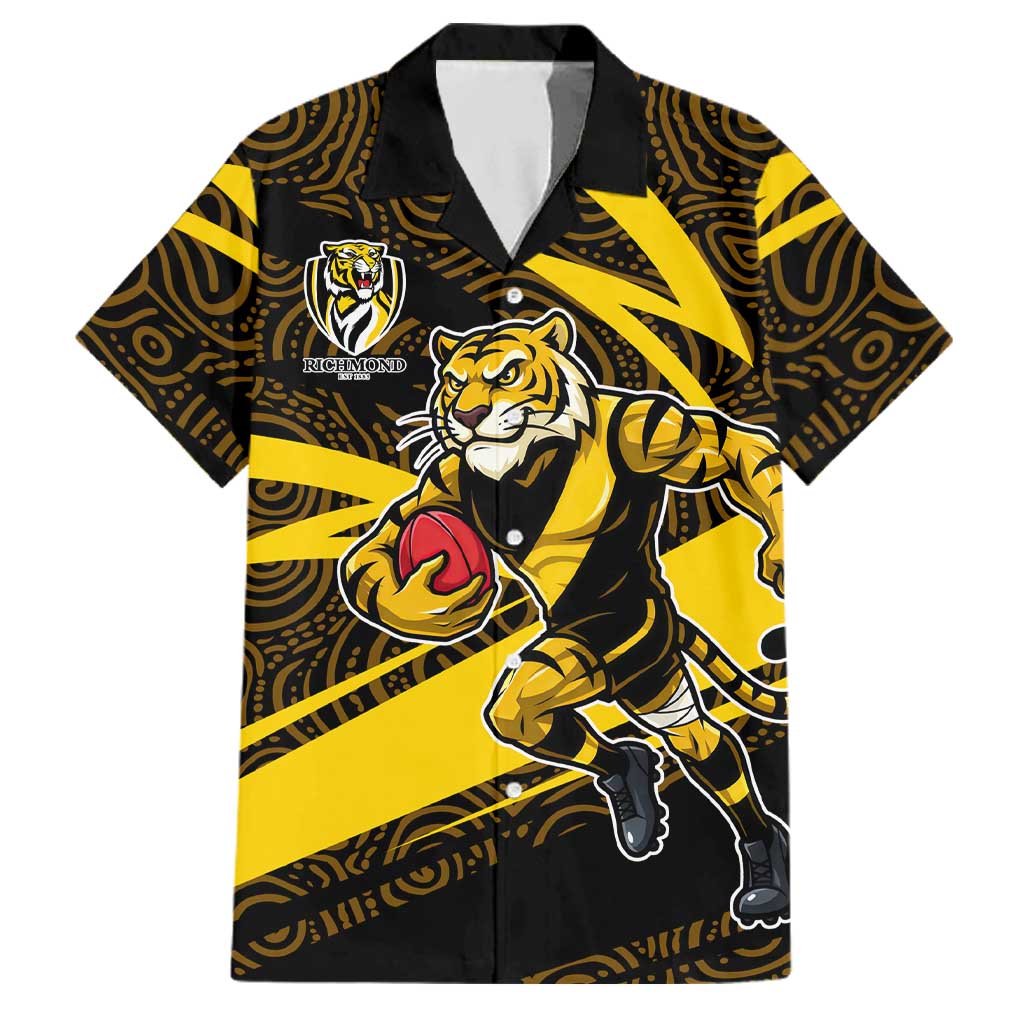 Richmond Tigers Australian Football Family Matching Tank Maxi Dress and Hawaiian Shirt Powerful Tiger Mascot With Indigenous Pattern Art