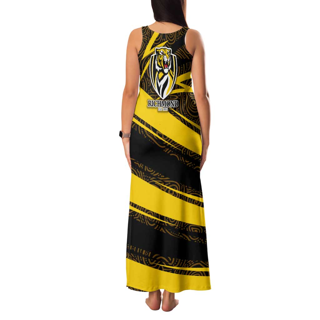 Richmond Tigers Australian Football Family Matching Tank Maxi Dress and Hawaiian Shirt Powerful Tiger Mascot With Indigenous Pattern Art