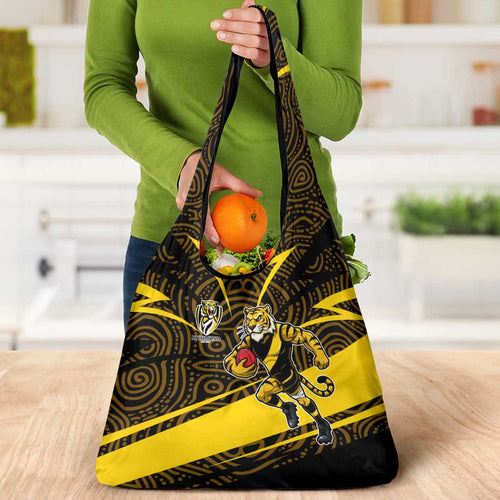 Richmond Tigers Australian Football Grocery Bag Powerful Tiger Mascot With Indigenous Pattern Art
