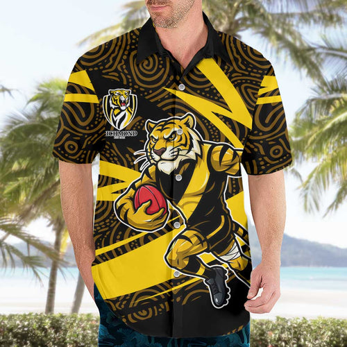 Richmond Tigers Australian Football Hawaiian Shirt Powerful Tiger Mascot With Indigenous Pattern Art