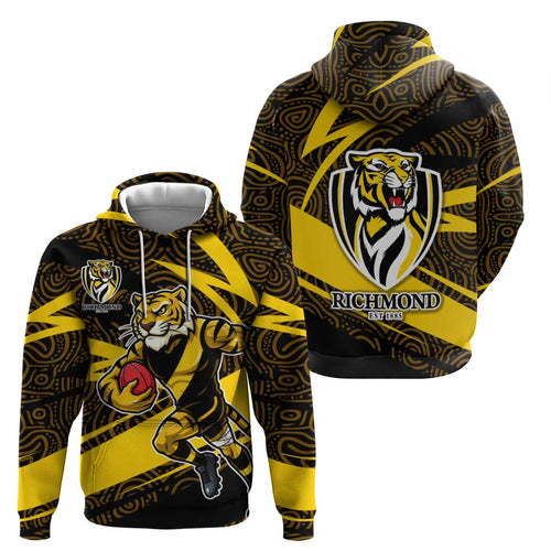 Richmond Tigers Australian Football Hoodie Powerful Tiger Mascot With Indigenous Pattern Art