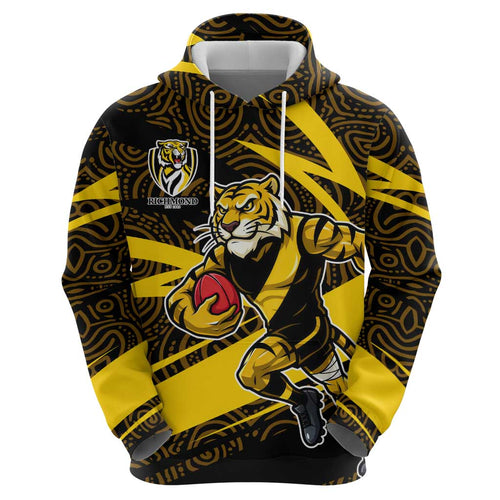 Richmond Tigers Australian Football Hoodie Powerful Tiger Mascot With Indigenous Pattern Art