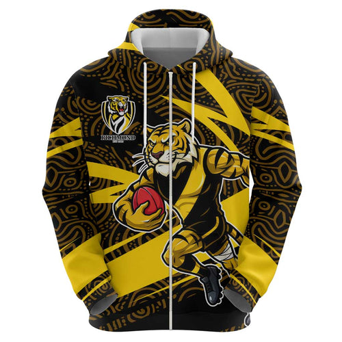 Richmond Tigers Australian Football Hoodie Powerful Tiger Mascot With Indigenous Pattern Art