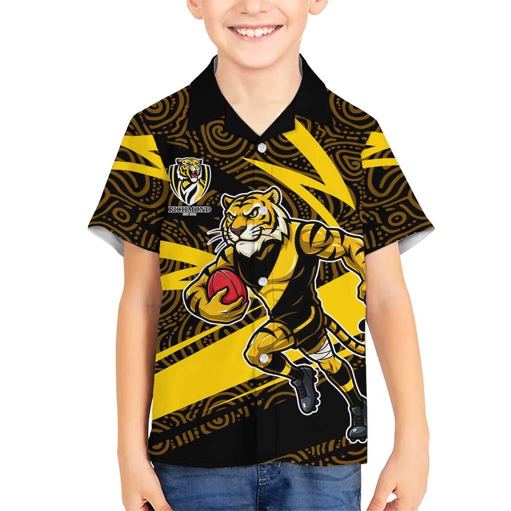 Richmond Tigers Australian Football Kid Hawaiian Shirt Powerful Tiger Mascot With Indigenous Pattern Art
