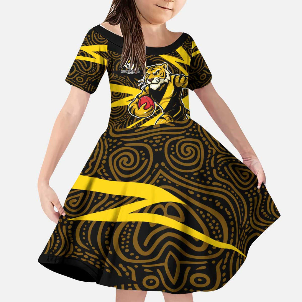 Richmond Tigers Australian Football Kid Short Sleeve Dress Powerful Tiger Mascot With Indigenous Pattern Art
