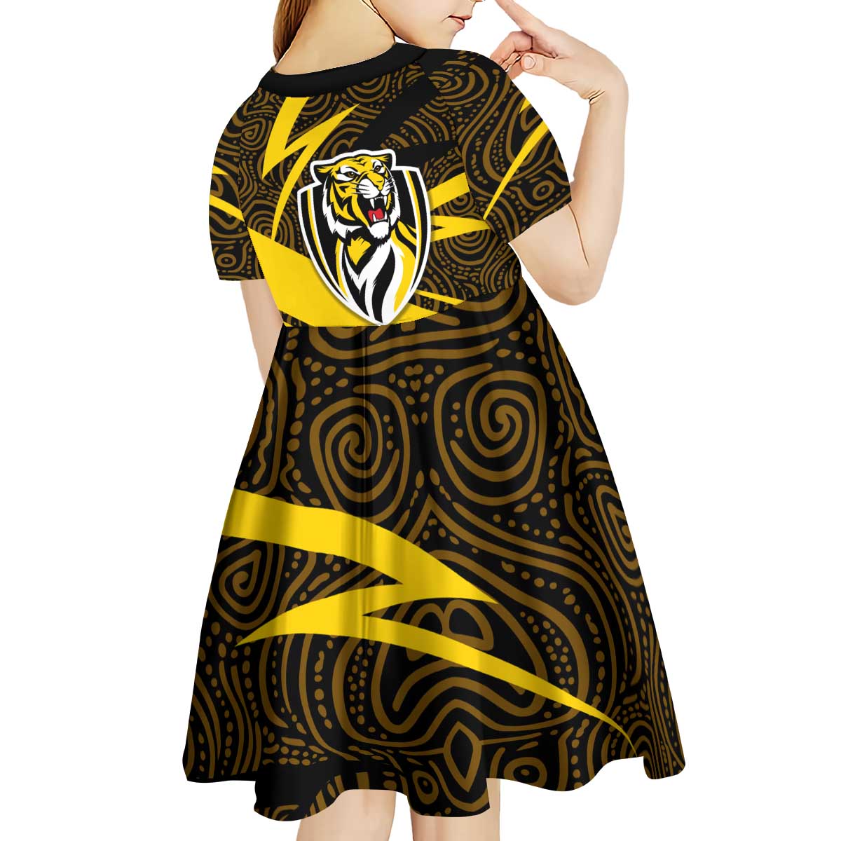 Richmond Tigers Australian Football Kid Short Sleeve Dress Powerful Tiger Mascot With Indigenous Pattern Art