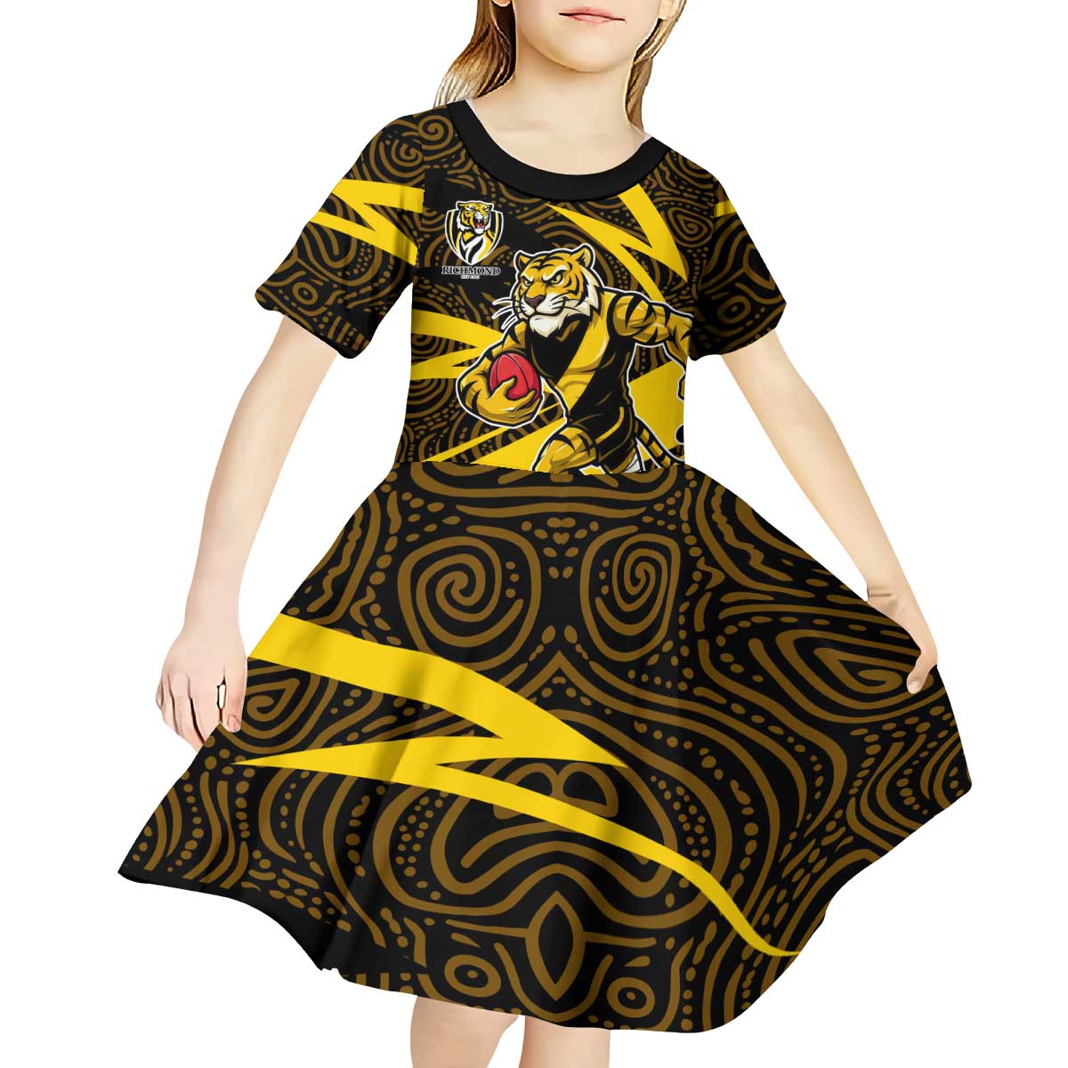 Richmond Tigers Australian Football Kid Short Sleeve Dress Powerful Tiger Mascot With Indigenous Pattern Art