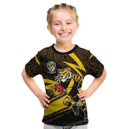 Richmond Tigers Australian Football Kid T Shirt Powerful Tiger Mascot With Indigenous Pattern Art
