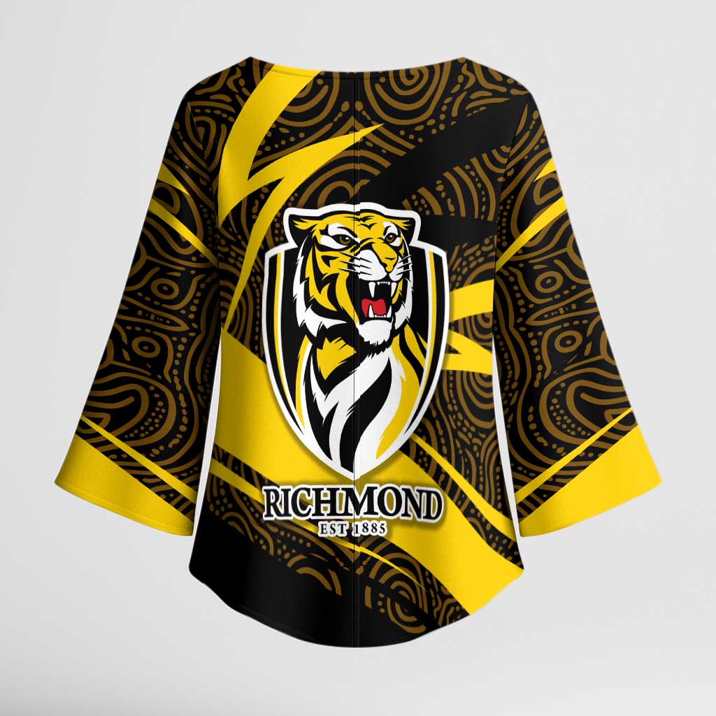 Richmond Tigers Australian Football Kimono Sleeve Blouse Powerful Tiger Mascot With Indigenous Pattern Art