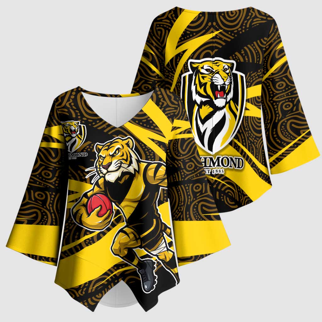 Richmond Tigers Australian Football Kimono Sleeve Blouse Powerful Tiger Mascot With Indigenous Pattern Art
