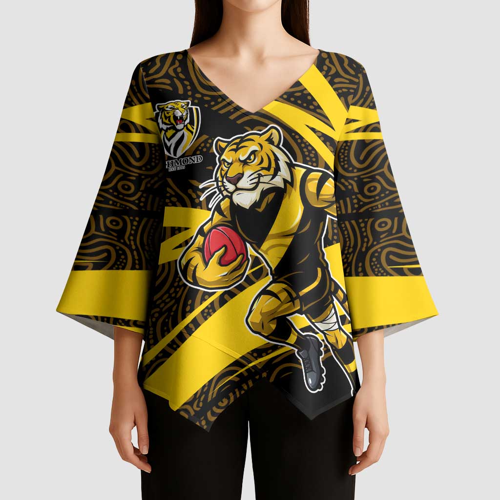Richmond Tigers Australian Football Kimono Sleeve Blouse Powerful Tiger Mascot With Indigenous Pattern Art