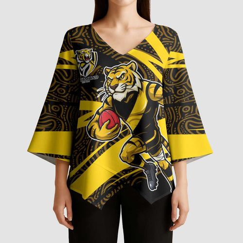 Richmond Tigers Australian Football Kimono Sleeve Blouse Powerful Tiger Mascot With Indigenous Pattern Art