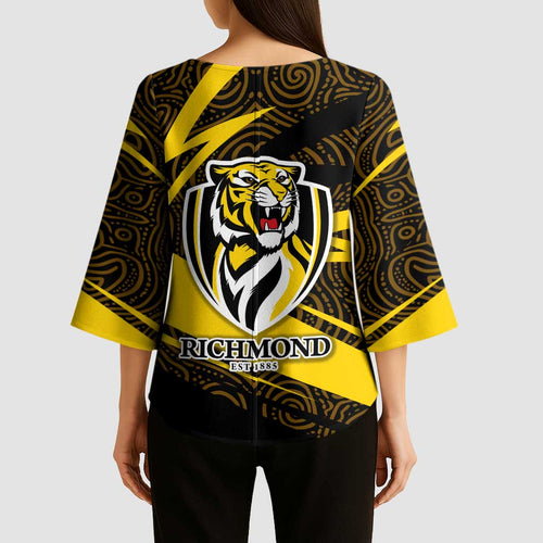 Richmond Tigers Australian Football Kimono Sleeve Blouse Powerful Tiger Mascot With Indigenous Pattern Art
