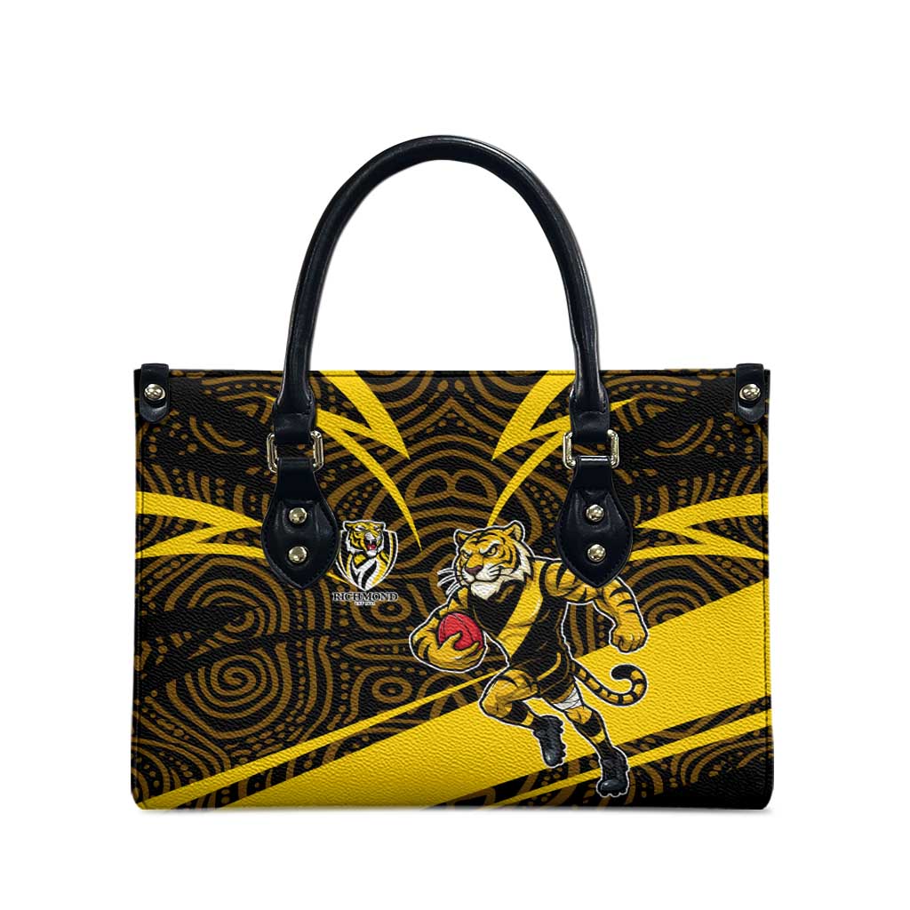 Richmond Tigers Australian Football Leather Bag Powerful Tiger Mascot With Indigenous Pattern Art