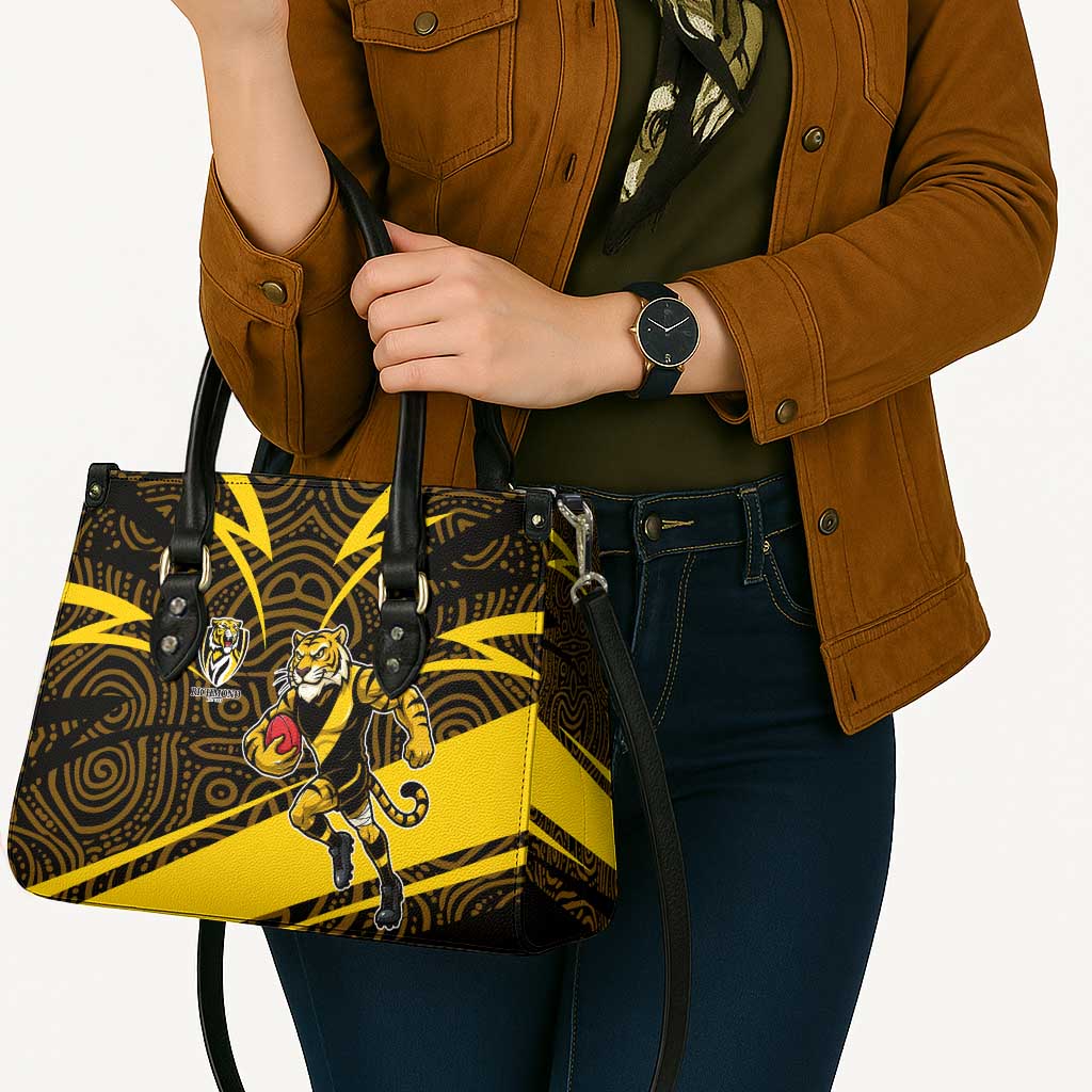 Richmond Tigers Australian Football Leather Bag Powerful Tiger Mascot With Indigenous Pattern Art