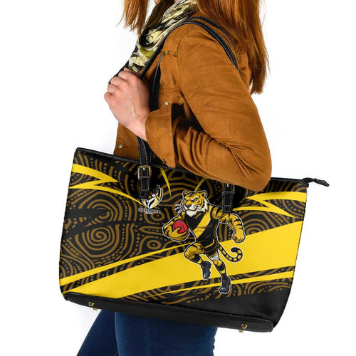 Richmond Tigers Australian Football Leather Tote Bag Powerful Tiger Mascot With Indigenous Pattern Art